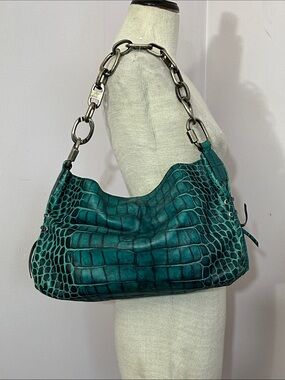 Francesco Biasia Croc-Embossed Teal Shoulder Bag  Silver Chain